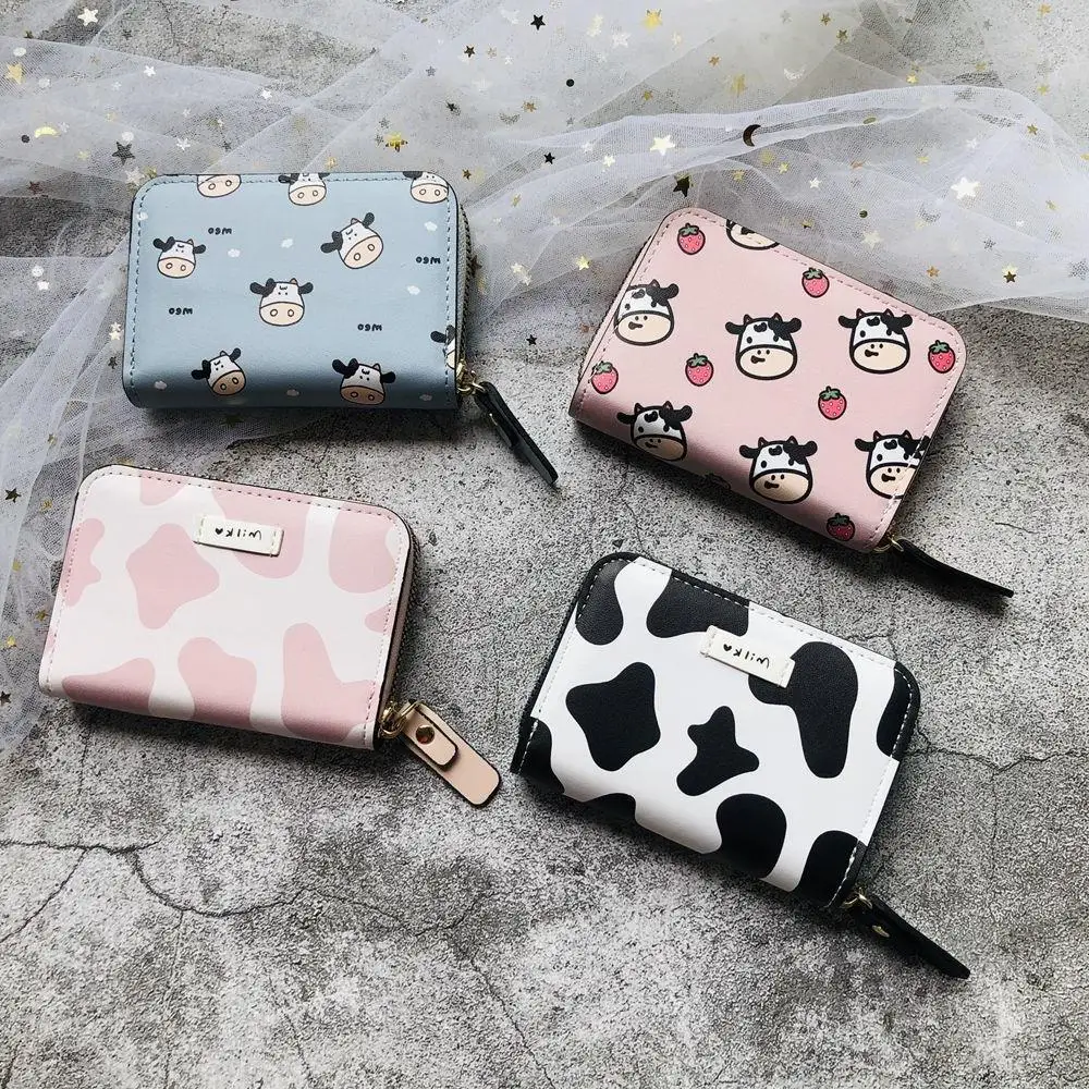 

2022 Fashion Kawaii Cow Print Pu Leather Cartoon Anime Multi-card Slot Short Women Coin Purse Female Card Holder Wallet For Gift