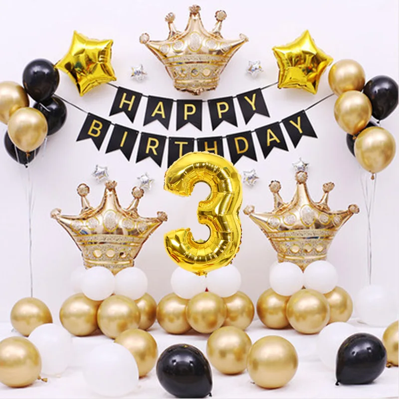 

Golden crown Birthday Party Balloon with Metallic latex balloon 30 years old 1st 2/3 years old birthday party decoration