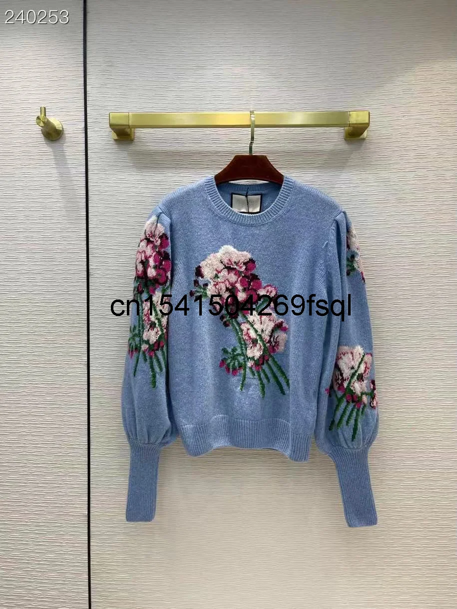 

New 2021 Pre-Fall Runway Vintage Wool Pullover Women's Sweater O-neck Floral Embroidery Crochet Long Sleeve Knitted Jumper