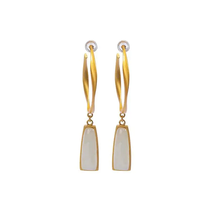 

Original S925 Sterling Silver Gilding Hetian Jade White Jade Fashion Dignified Goddess Matching Women's LongStudEardropsEarrings