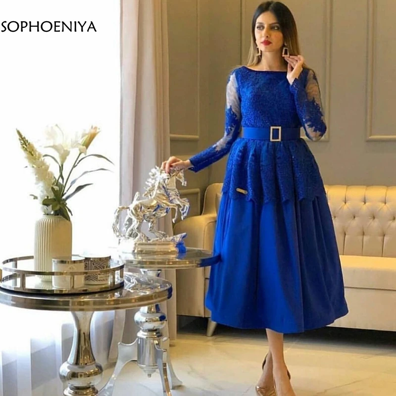 

New Arrival Royal Blue long sleeve evening dresses Short abendkleider 2021 Lace Appliques Muslim evening dress Party gowns