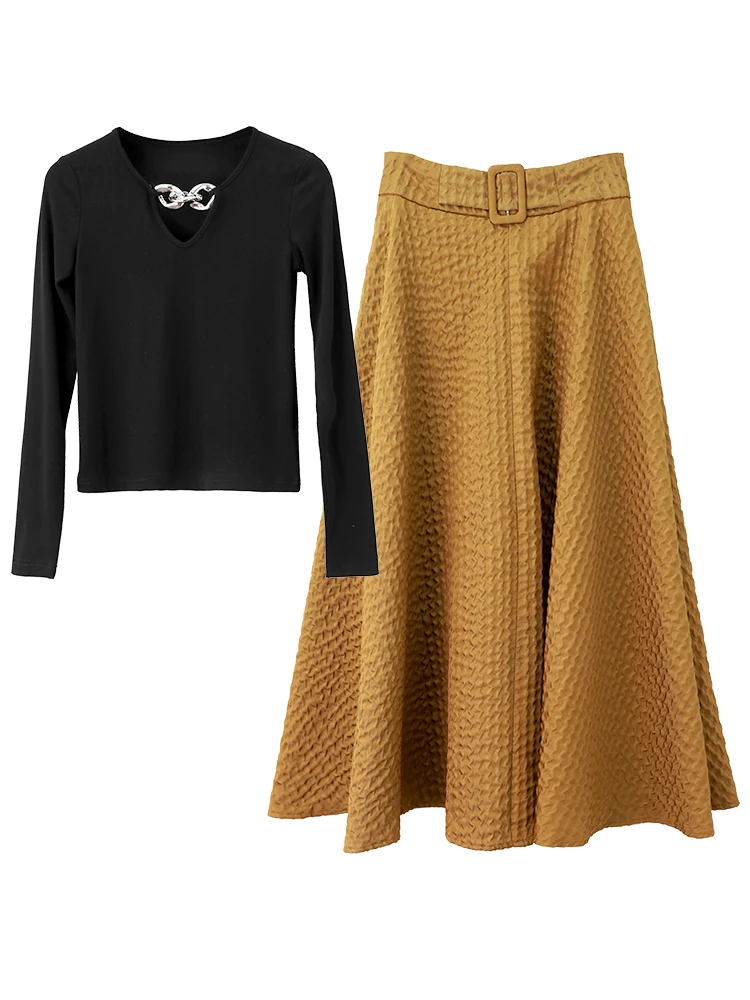 

High Quality Sweater Sets 2021 Autumn Winter 2 Piece Set Women Chain Beading Deco Long Sleeve Black Pullovers+Khaki Maxi Skirts