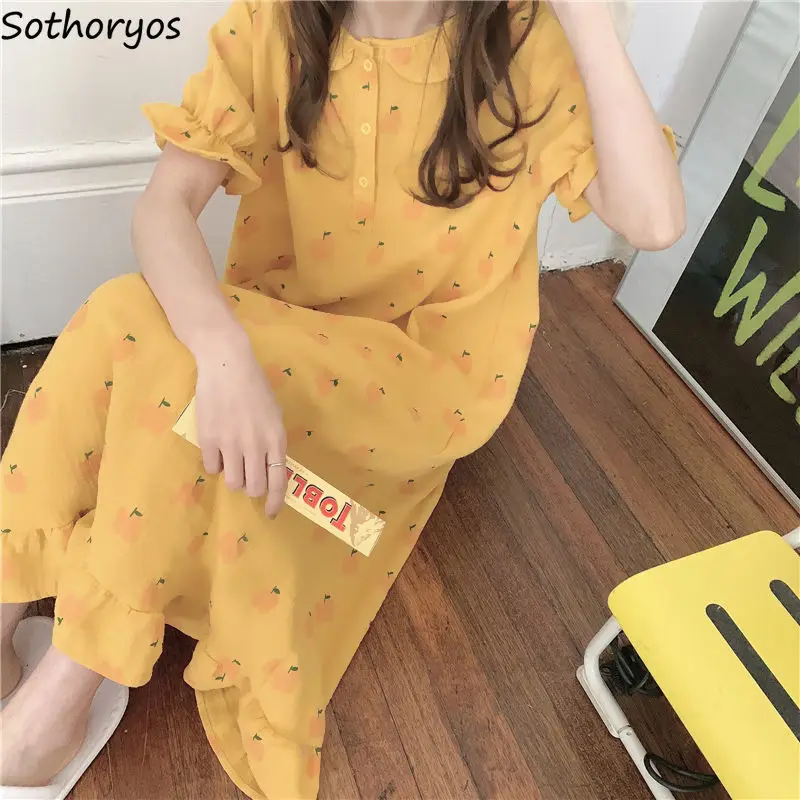 

Women Nightgowns Short Puff Sleeve Print Elegant Gentle Mid-calf Loose Casual Cozy Sleepshirts Ruffles Lovely Sweet Teens Retro