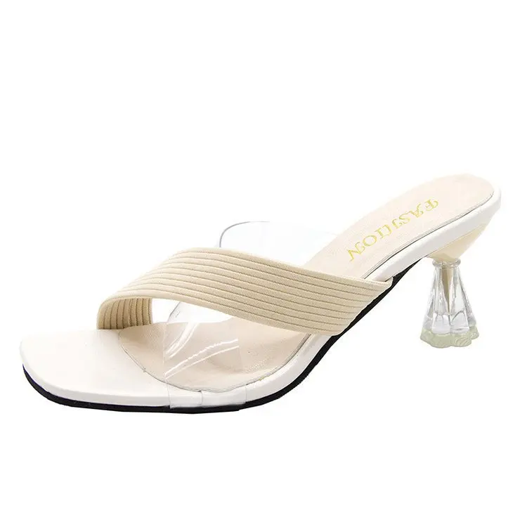 

Thin Heels High-Heeled Shoes Lady Transparent Slippers Luxury Slides Square Toe Slipers Women Rubber Flip Flops Designer 2021 Ha