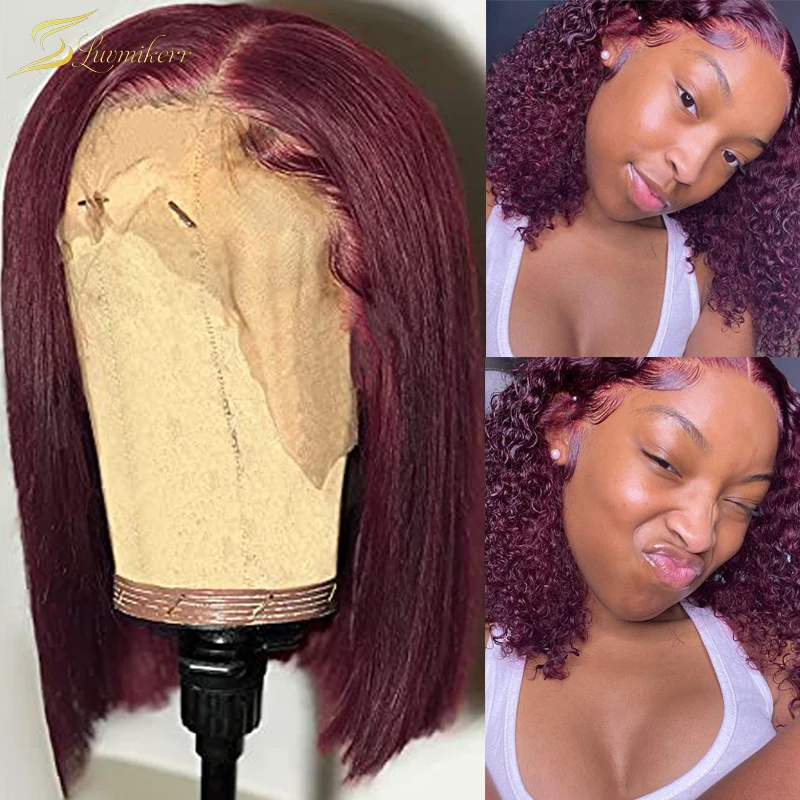 

99j Curly Short Bob Wig Human Hair Red Burgundy Straight Lace Front Wig Short Colored Lace Frontal Wig Deep Water Wave Brazilian