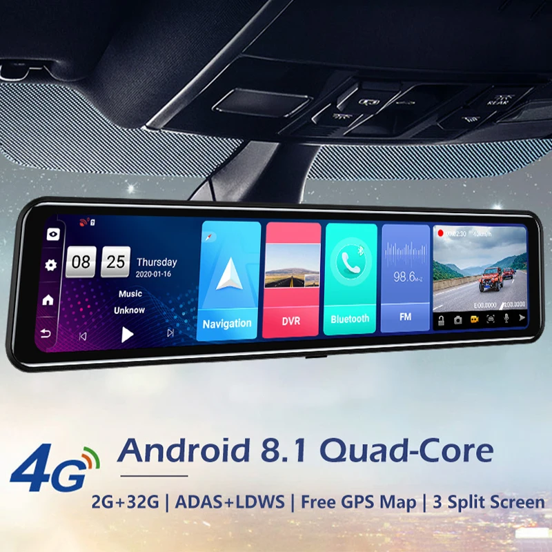 

New 4G GPS Wifi ADAS 12'' Car DVR Camera Android 8.1 Triple screen Rear View Mirror FHD 1080P Dash Cam Registrar Video Recorder