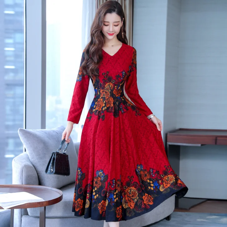 Женское платье с v-образным вырезом и принтом лидер продаж осенне-зимнее в стиле