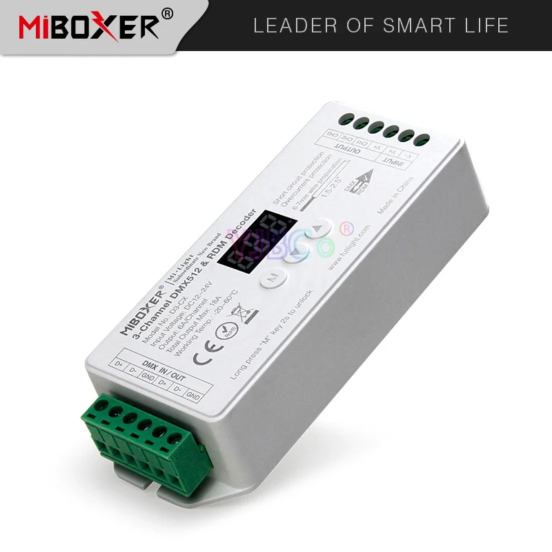 

Miboxer D3-CX 3-Channel Constant Voltage DMX512 & RDM Decoder DC12~24V 3CH 6A/Channel Max. 18A Digital Display controller