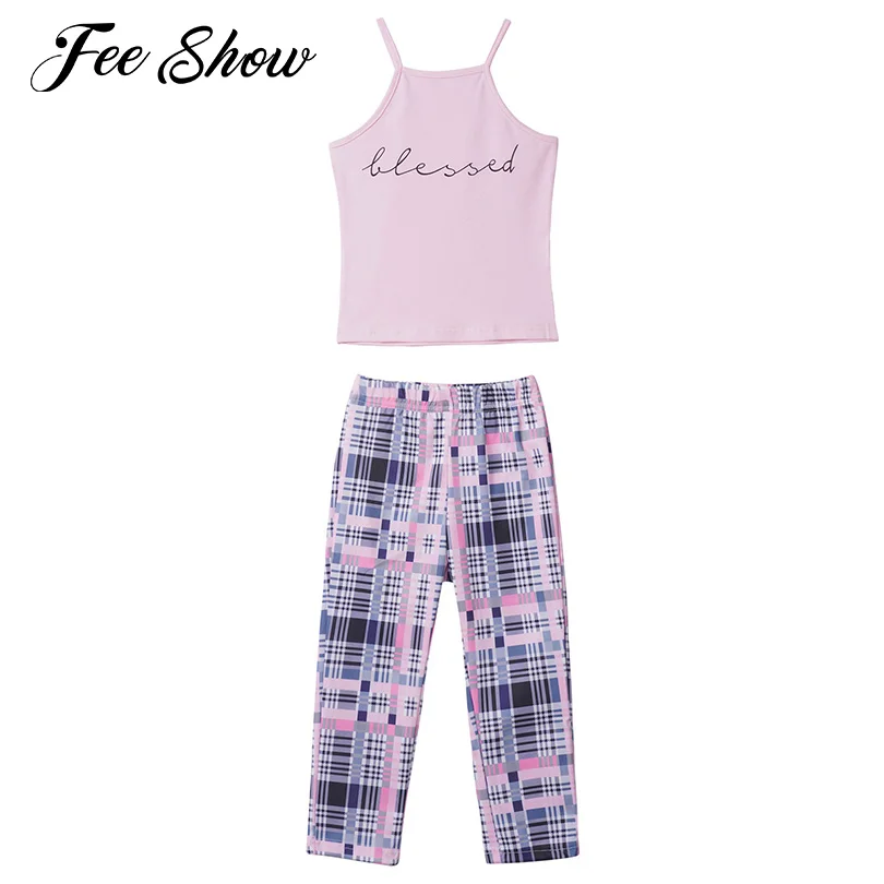 

2Pcs Kids Girls Sport Outfit Tracksuits Fashion Running Sets Wear Sleeveless Letters Printed Vest and Plaid Pants Set Sportswear