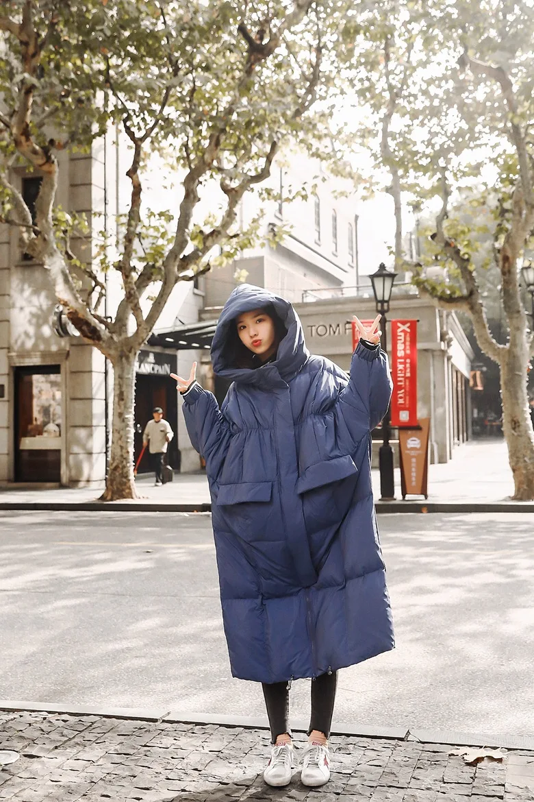 Photo Shoot Winter New Style Korean-style WOMEN'S Wear Retro Laziness over-the-Knee Long Loose Cotton Coat Hooded Cotton-pa