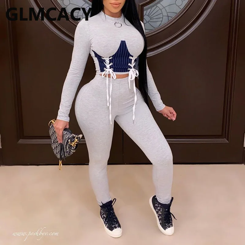 

Women Two Piece Casual Suits Lace Up Corset Shirt & Skinny Pants Set