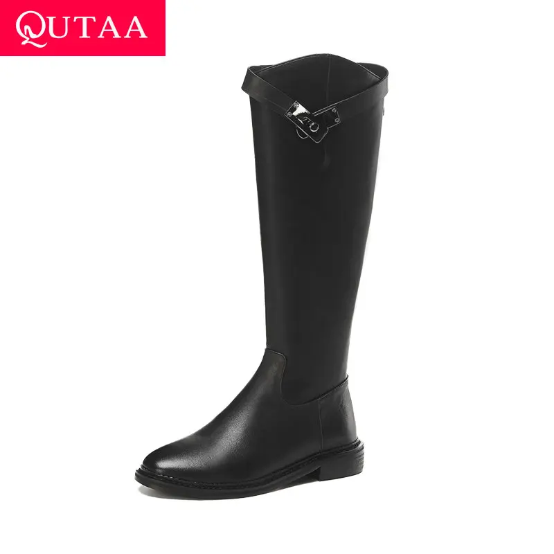 Женские сапоги с круглым носком QUTAA черные до колена из искусственной и