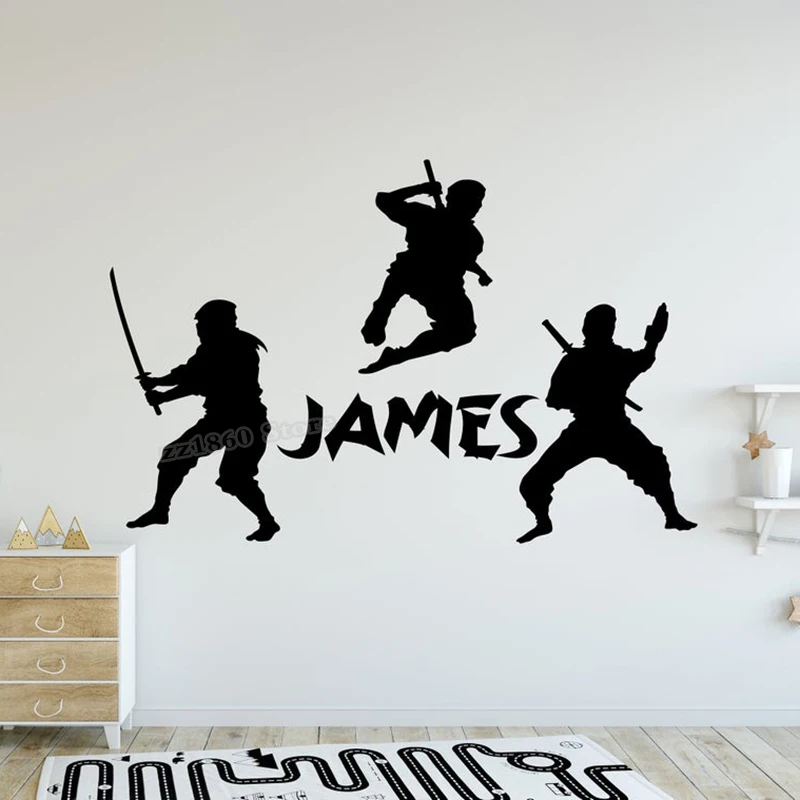 Персонализированная наклейка с именем на заказ, наклейка на стену в виде ниндзя, ниндзя, истребитель, карате, наклейка на стену для декора комнаты мальчика, виниловая наклейка B780