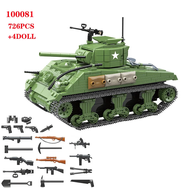 

726PCS Military US Sherman M4 Tank Building Blocks Military WW2 Tank Army Soldiers Figures Helmet Weapon parts Bricks Kids toys