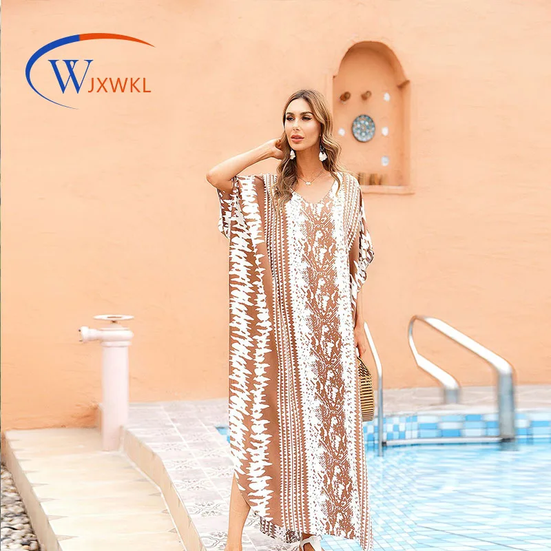 

2021 New European American Four-Sided Stretch Snake Stripe Printed Beach Cover-up Plus Size Robe Bikini Blouse