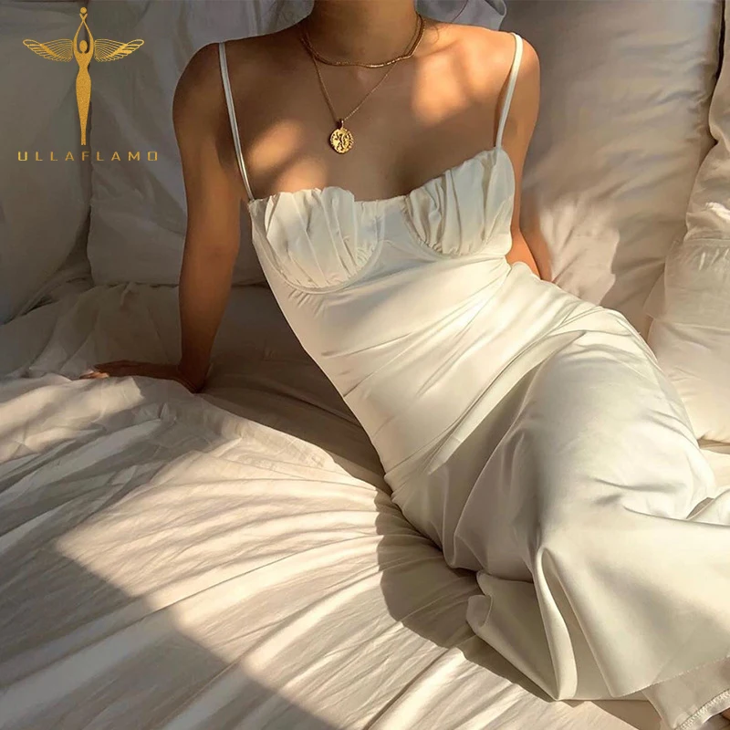 

Women Spaghetti Straps Lace-Up Casual Long DressHigh Waist Backless Female Skinny Dress White Elegant Commuting Tight Dresses