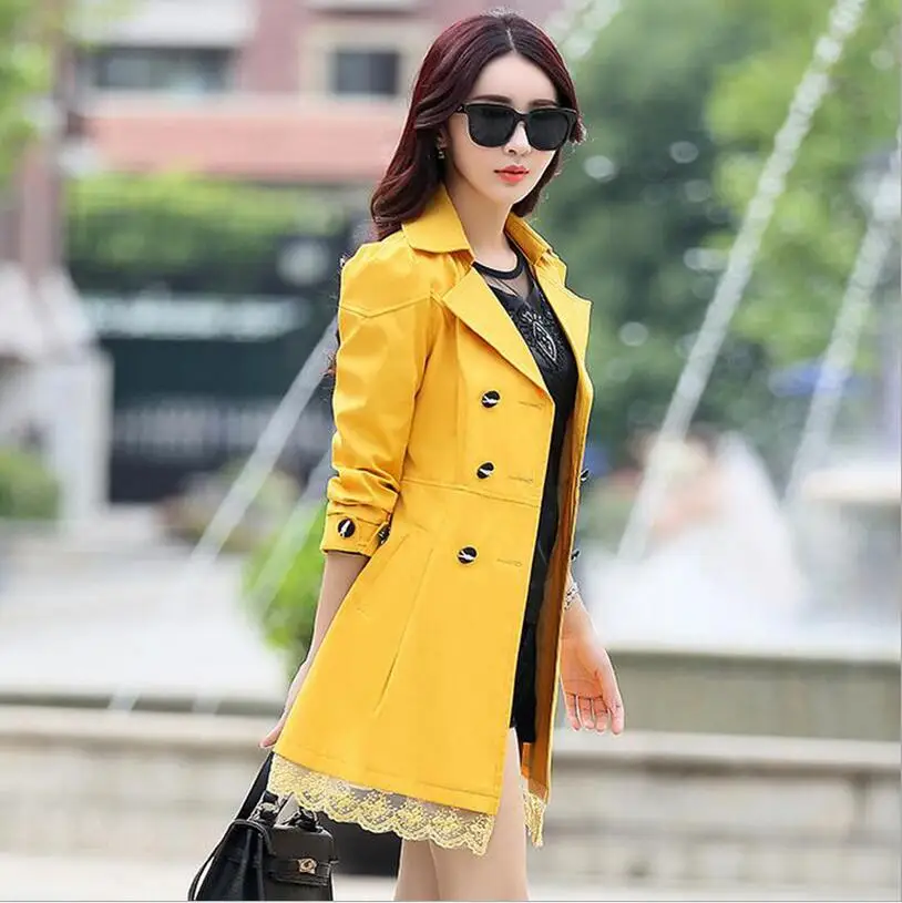 

And Autumn Spring Korean Version Of Long-sleeved Women's Long Paragraph Large Size Lapel Double Breasted Button Coat / M-3xl