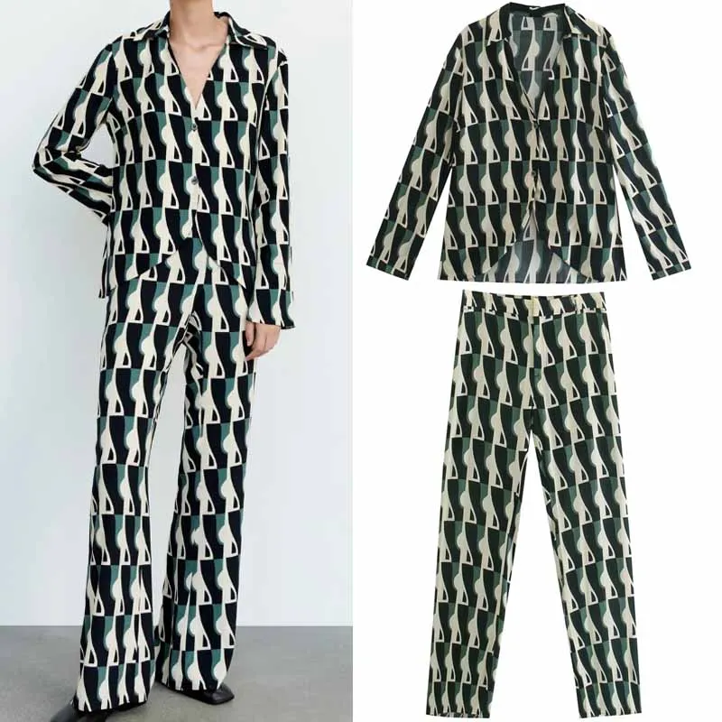 Женский Повседневный костюм из 2 предметов рубашка с принтом и длинные брюки