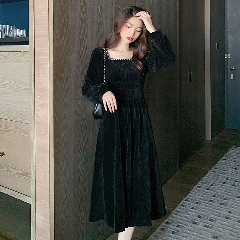 

French retro black dress female autumn and winter waist-length collar long dress Cotton Polyester Vintage A-Line