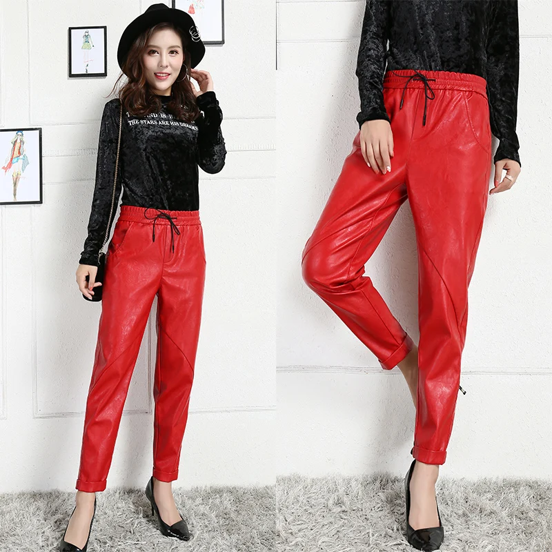 

PU red leather pants Women's red Faux Leather pants new autumn winter loose PU leather harem pants high waist PU casual pants
