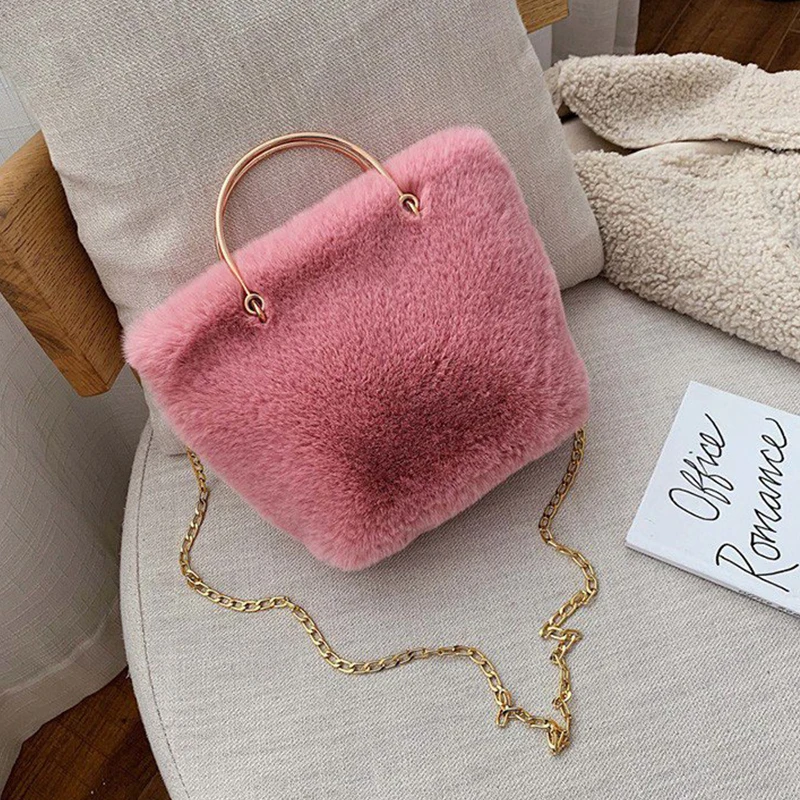 

Faux Fur Metal Chain Crossbody Bags For Women Autumn Winter Plush Cute Ladies Shoulder Bag Solid Color Female Handbag Shopper