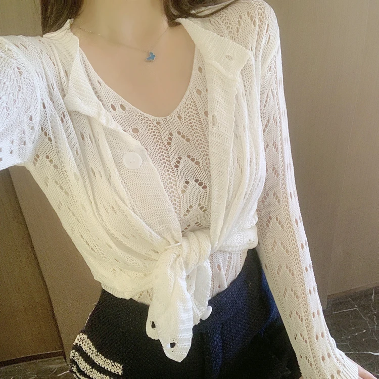

spring autumn new white long sleeve knitted Cardigans Slim Hollow out camisole Two-piece Women's Clothing fashion ladies tops