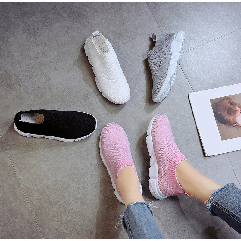 

Female Mesh Soft Breathable Women's Footwear For Ladies Dropshipping Women Flat Shoes Knit Woman Casual Slip On Vulcanized Shoes