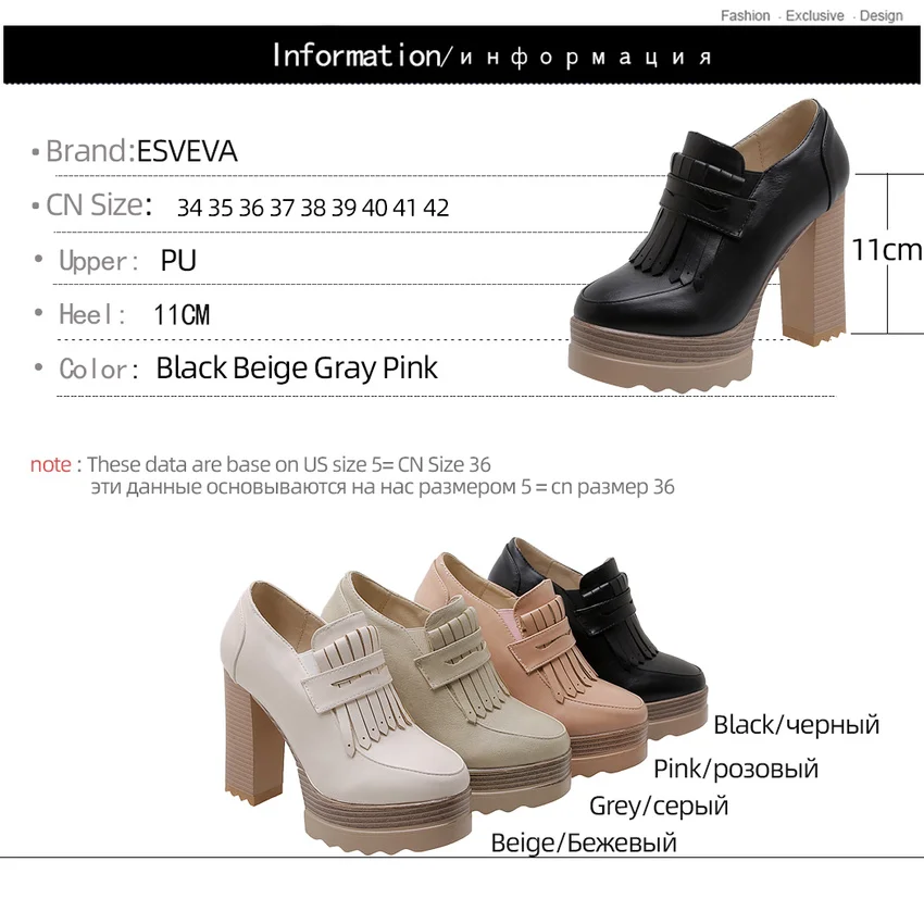 

ESVEVA 2020 Square High Heel Tassel Round Toe Slip On Women Shoes PU Leather Fashion Platform party Women Pumps Big Size 34-42