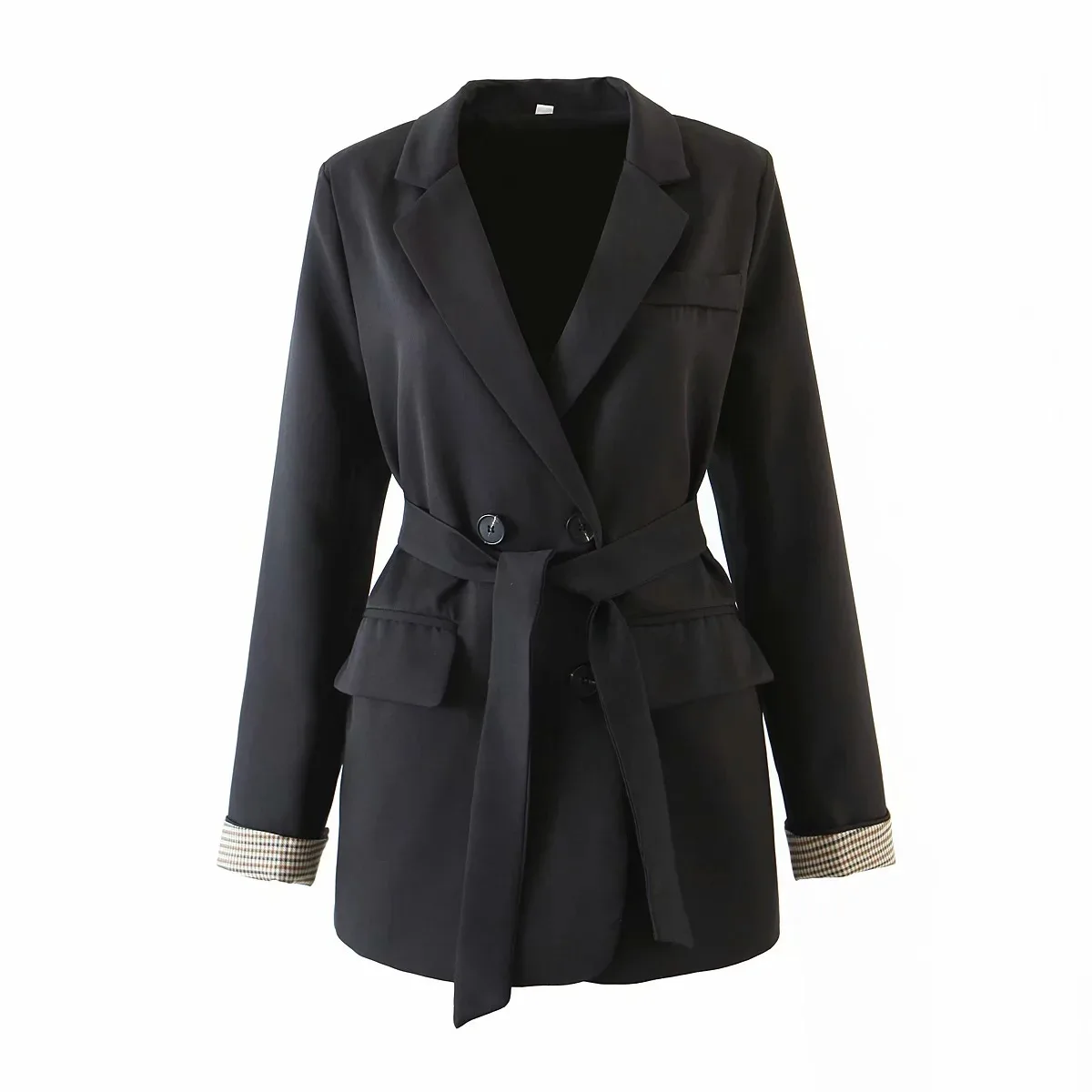 

2021 European and American new suit women's mid-length temperament plaid stitching cuff jacket