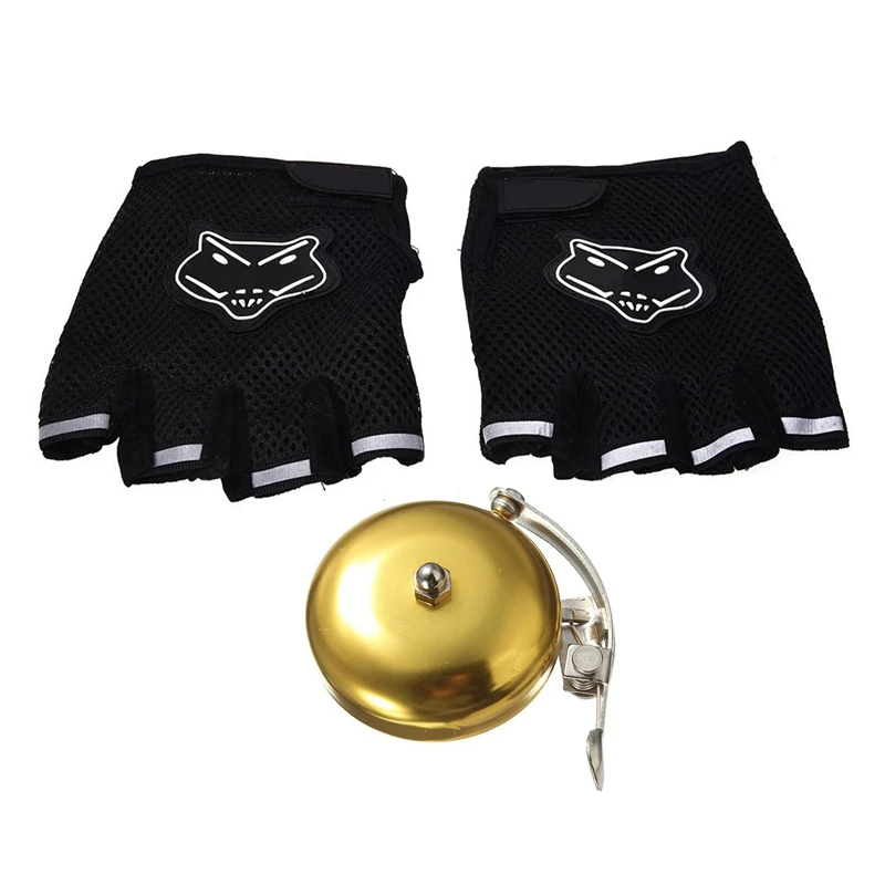 

1 Pair Motorcycle Riding Fingerless Gloves Black & 1 Pcs Bicycle Bell Jingle Bicycle Gold Bicycle Bell