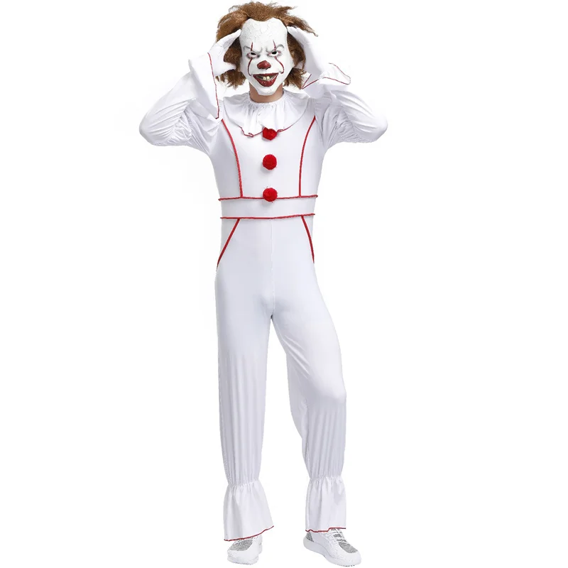 White Horror Clown Joker Pennywise Killer Clown Cosplay Costume Adult Men Costume Fancy Halloween Outfit Suit Clown Costume