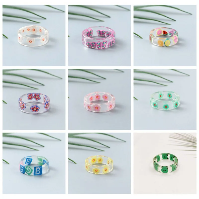 Кольцо из акриловой смолы женское цветное прозрачное с фруктами цветами