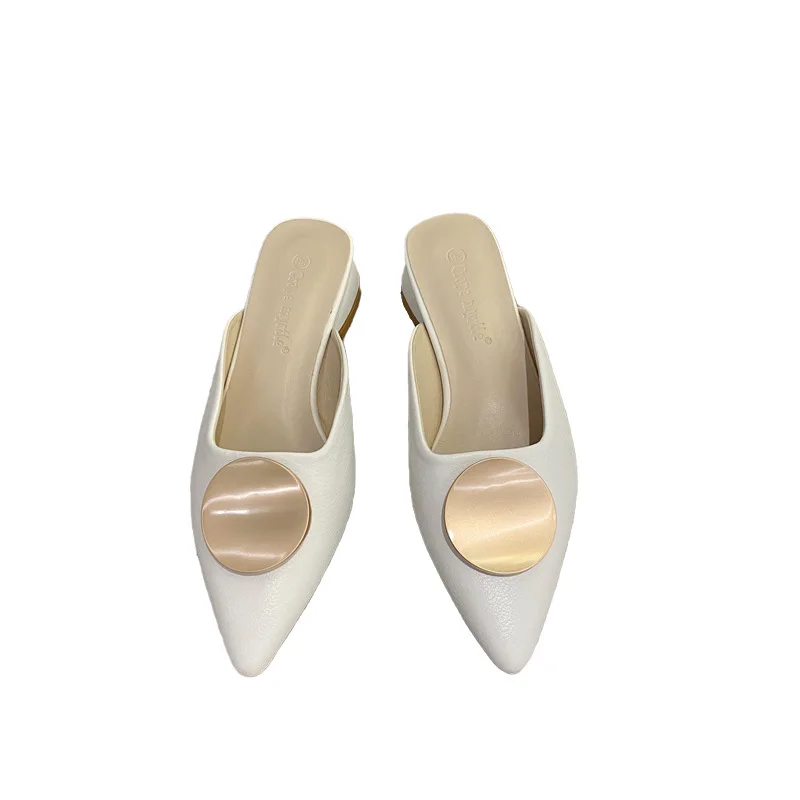 

Shoes Woman 2021 Slippers Soft PU Low Square heel Pointed Toe Luxury Slides Pantofle Comfort Block Summer Designer New Cover Bas