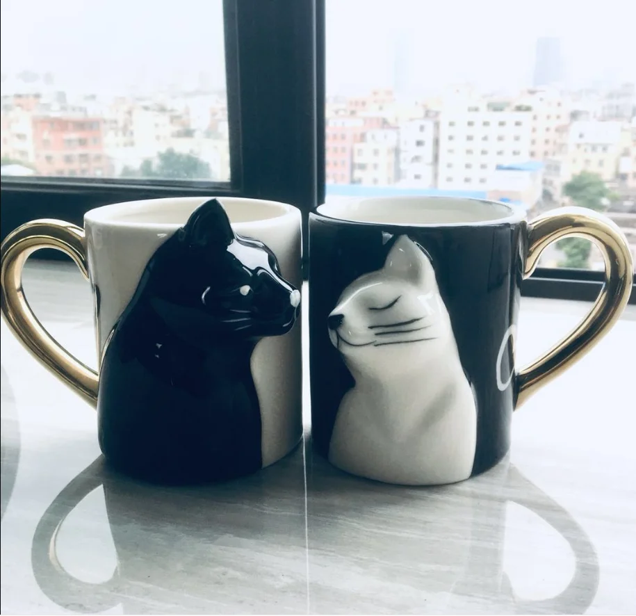 A 2 шт кофейная кружка ручной работы Kiss Cat, забавный чайный керамический набор чашек для жениха и невесты, подходящий подарок для помолвки и свадьбы - Цвет: A