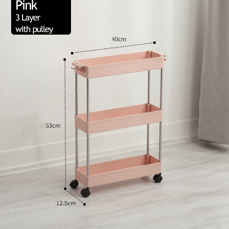 Pink-3 Layer 2/3/4 Слои Gap стеллаж для хранения Кухня тонкий слайд башня подвижные собрать Пластик Ванная комната полка колеса Экономия пространства Организатор - Цвет: Pink-3 Layer
