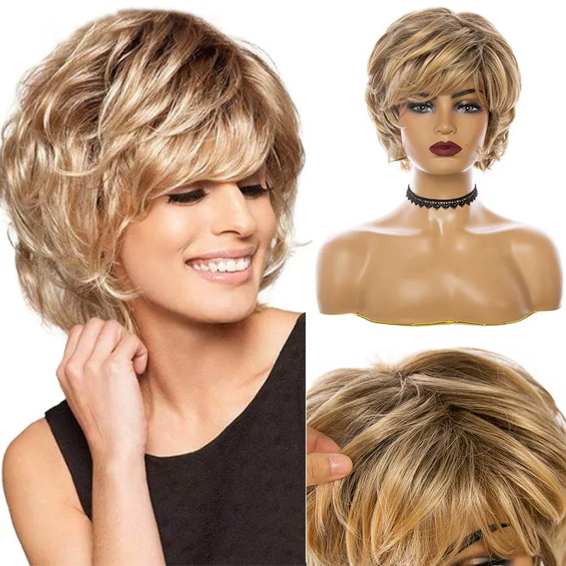 

Ladies Short Blonde Wavy Wig Nature Wavy Synthetic Wig With Bangs Heat Resistant Fiber For Women Daily Party Use