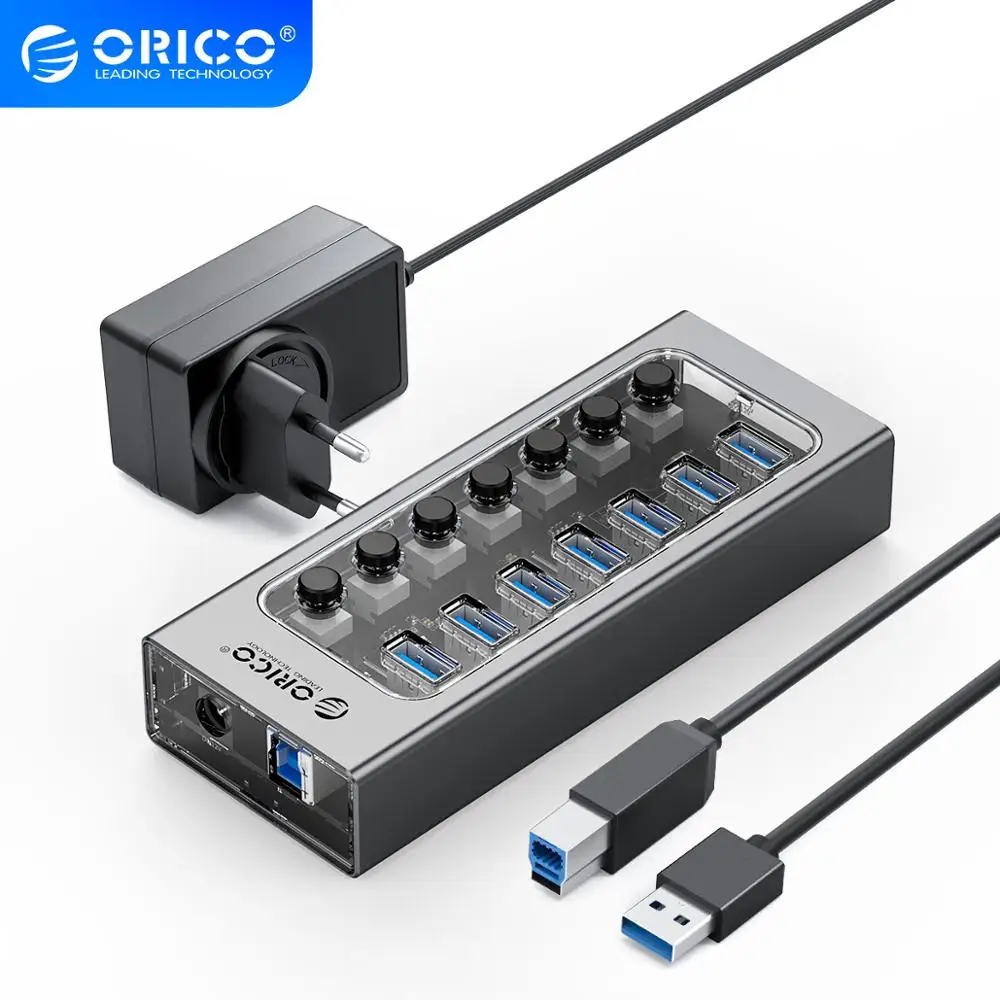 

ORICO Industrial USB 3.0 HUB 7/10/13/16 Aluminum + Transparent USB Splitter On/Off Switch With 12V Power Adapter Support Charger