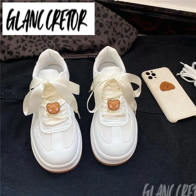 

Туфли Kawaii Bear Lolita 2021 летние сетчатые белые Zapatillas Mujer Вулканизированная обувь модные женские туфли с лентой дышащие женские