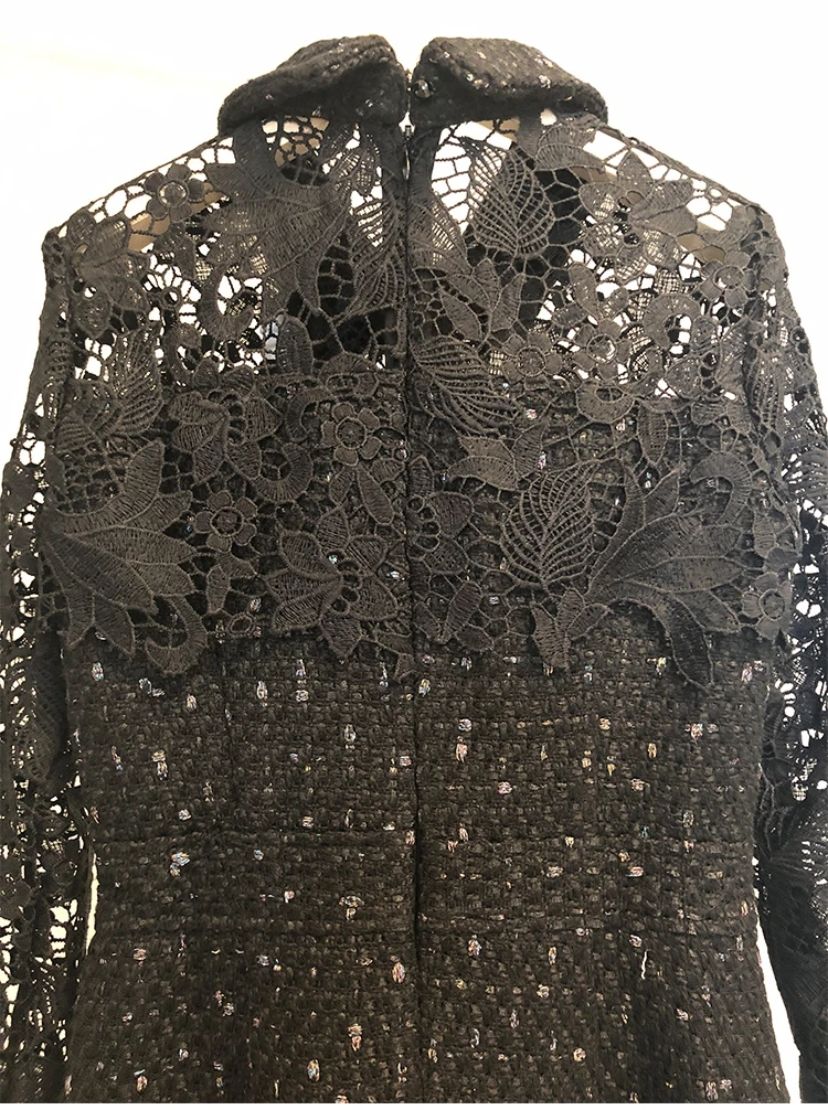 Весна, новинка, женское элегантное твидовое платье с кружевами, Vestidos, Дамское милое мини платье с длинным рукавом, украшенное бриллиантами и бантом