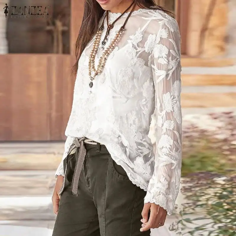 

Женская кружевная блузка с длинным рукавом и круглым вырезом