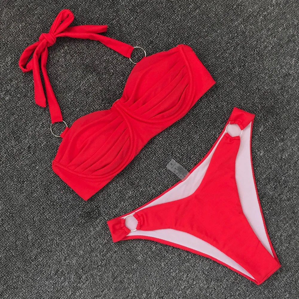 Плиссированный купальник однотонный комплект бикини сексуальный пуш-ап 2020