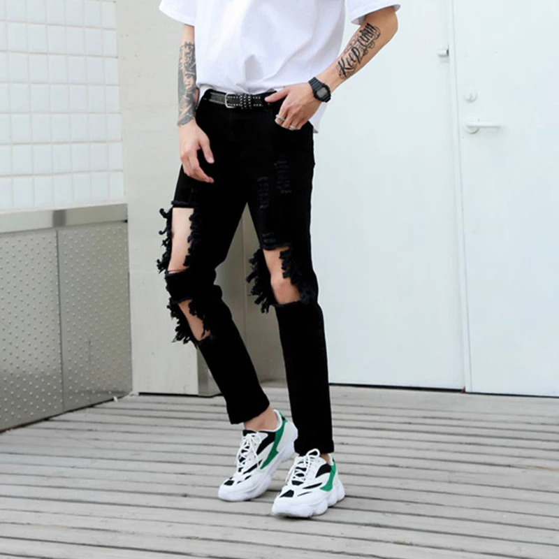 Men's jeans Spring/summer European-American beggar pants ripped pants men's slim skintight slacks hip-hop punk black hole pants