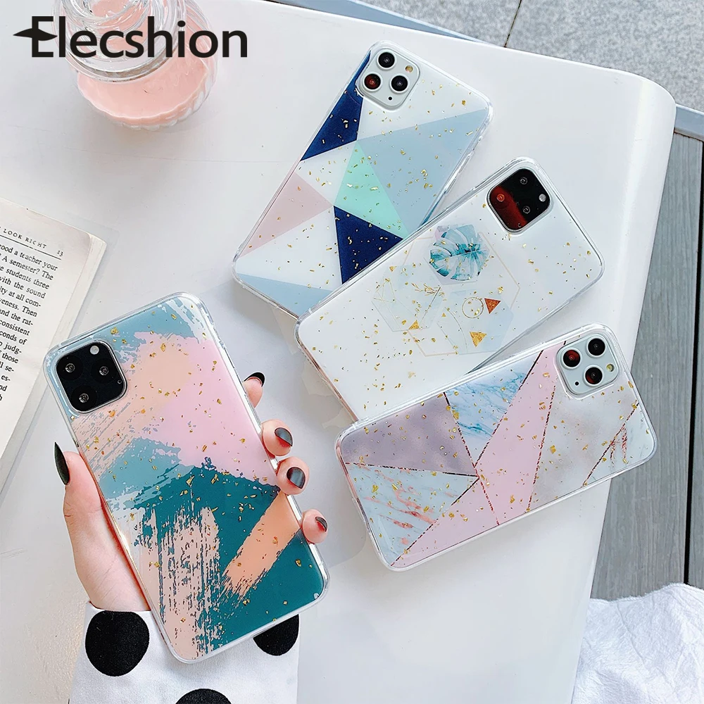 Золотая фольга геометрический чехол с держателем для iPhone 11 Pro мягкий эпоксидный