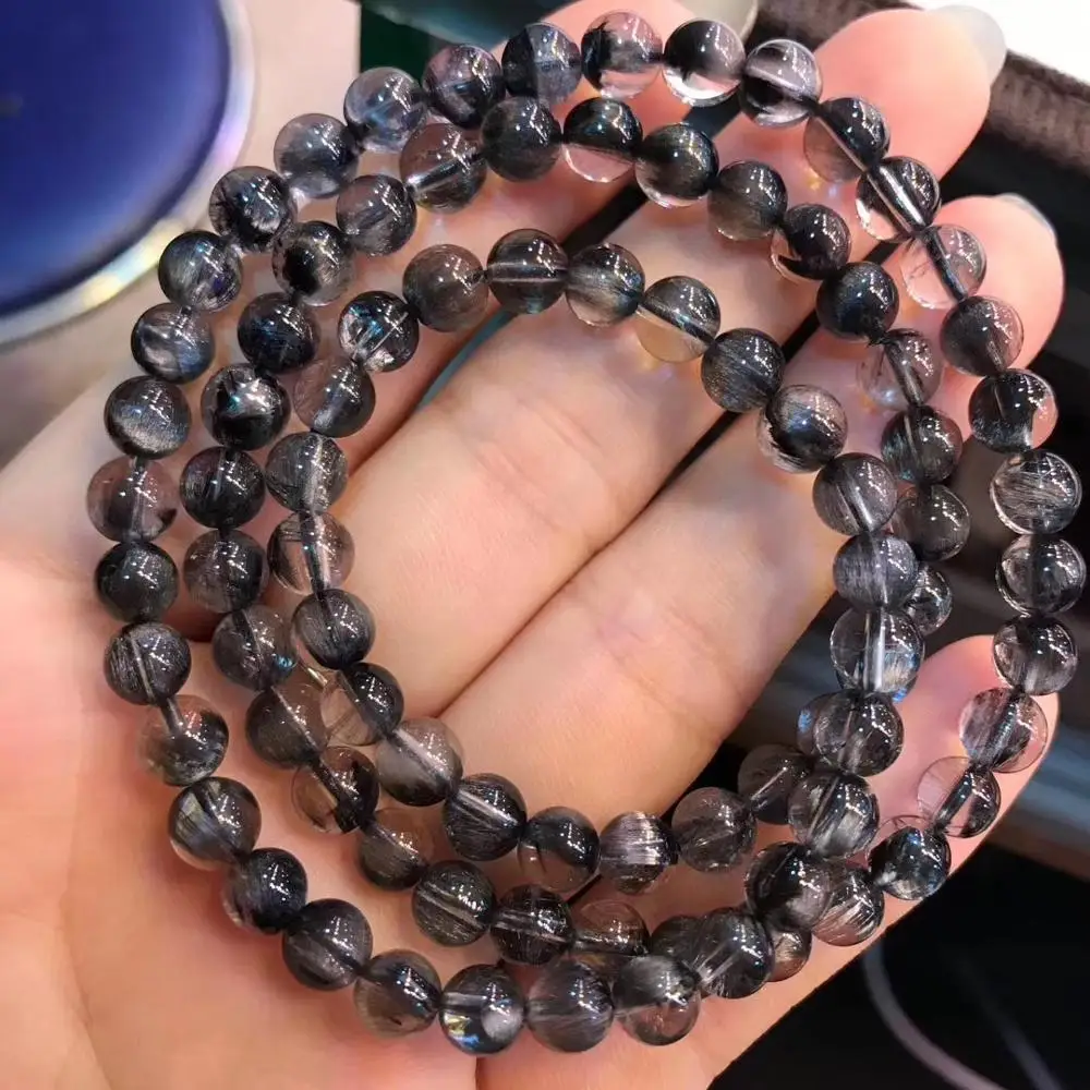 

6mm Top Natural Silver Brookite Platinum Rutilated Bracelet Jewelry For Woman Man 3 Laps Round Beads Lucky Crystal Stretch AAAAA