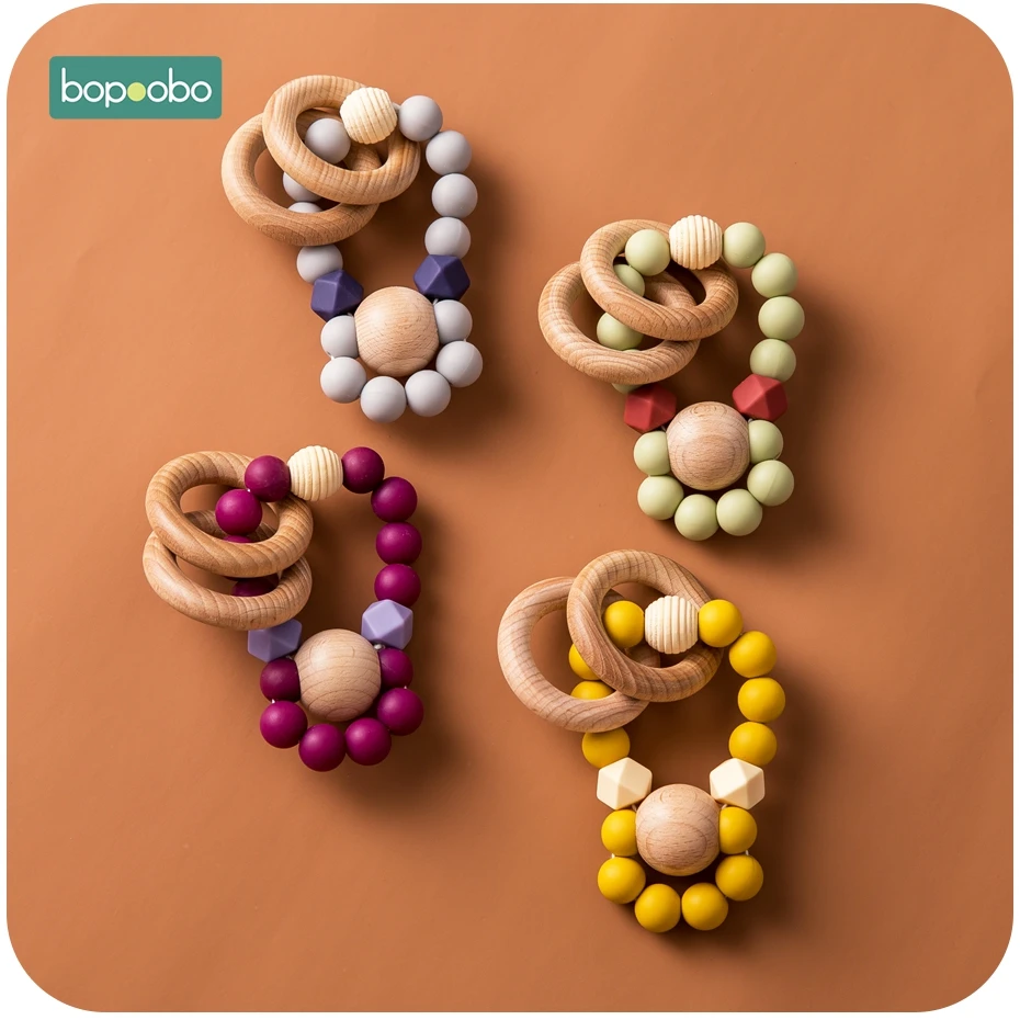 Bopoobo 1 шт. BPA бесплатные Силиконовые Прорезыватели зубов детские бусы кольца из натурального дерева зубы резиновый Houten Ringen деревянные погремушки детского подарка