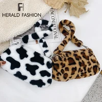 2021 new fashion women plush cow pattern shoulder bags elegant female underarm bags faux fur handbag furry fluffy tote bags