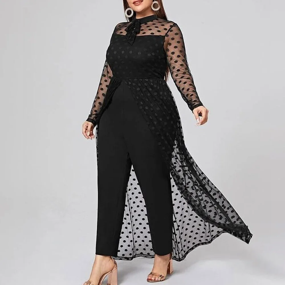 

Women Jumpsuit Plus Size Sexy Mesh Patchwork See Through Long Sleeve High Waisted Office Lady One Piece Black Pants Overall Fall