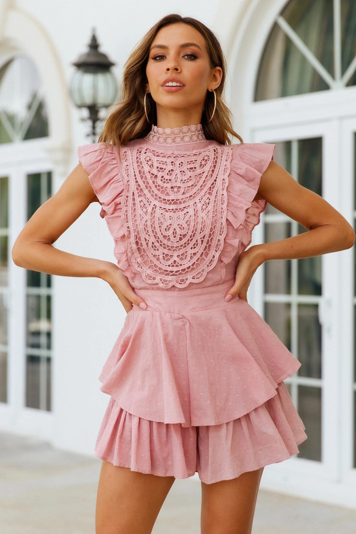 

Summer Girls Princess Cloth Fashion Lace Round Neck Hollow Embroidery Elegant Dress Ruffled Short Sleeves Double Polka Dot skirt