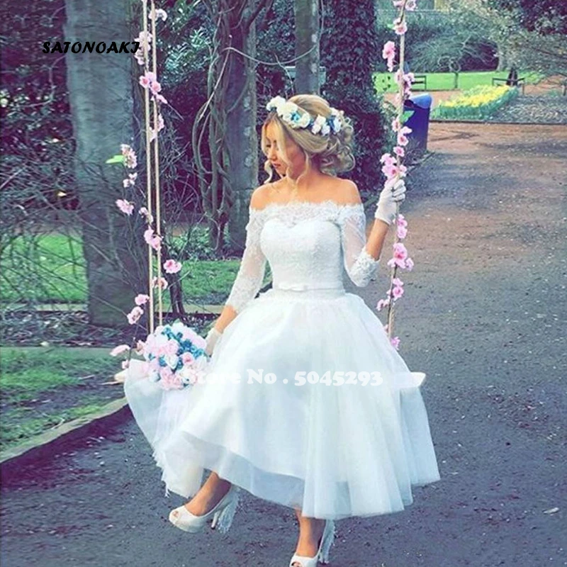 

Vestido De Novia White Lace Short Wedding Dress Off the Shoulder 3/4 Sleeve Tea Length Appliques Bride Gown Robe Mariée Custom