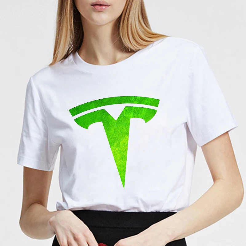 

100% Cotton Tesla Green Car Cogo Print Fashion Short-sleeved T-shirt Female Half-sleeved Summer Casual Oversized T-shirt Ladies